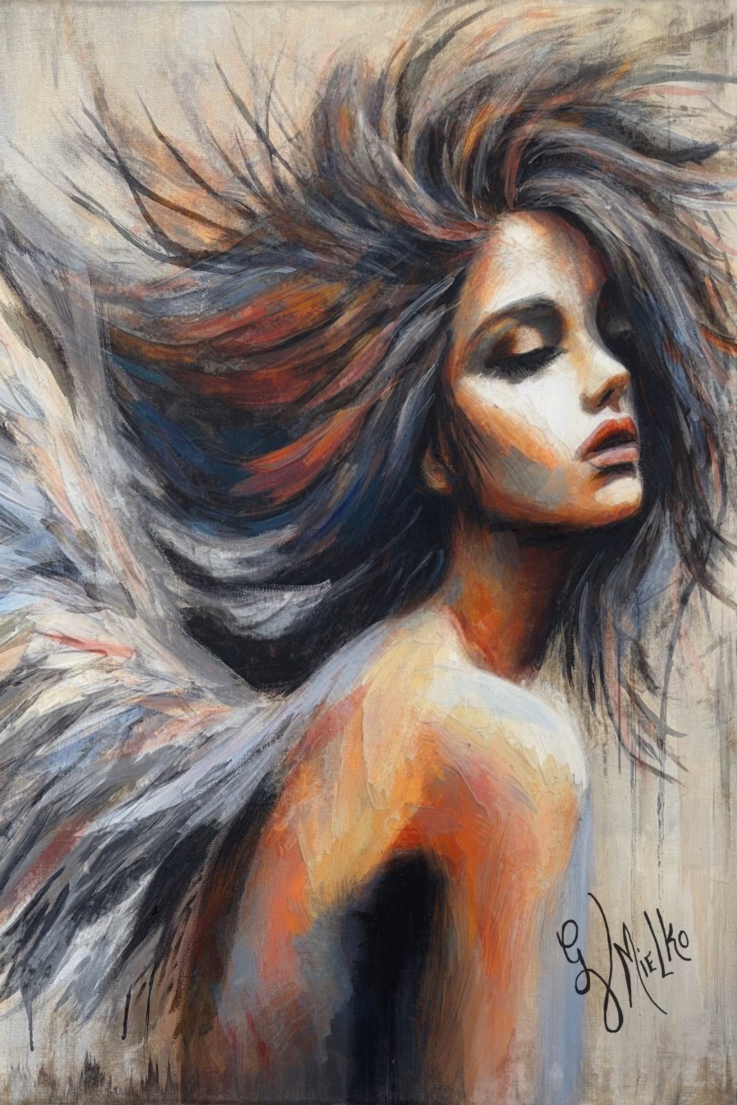 Expressive painting of a serene female figure with long, flowing hair and closed eyes, rendered in earthy tones with accents of blue, orange, and white. Her head tilts gently back, suggesting introspection, peace, and spiritual awakening. Abstract wing-like shapes behind her evoke angelic symbolism and otherworldly grace. Loose, textured brushstrokes create dynamic movement and emotional depth. Signed “GV Mielko,” this contemporary figurative artwork appeals to collectors of angel art, spiritual portraiture, and modern emotional expressionism.