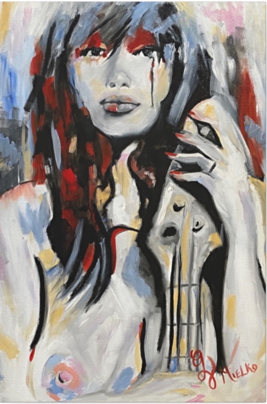 Expressive abstract painting of a woman holding a guitar. Her face is detailed with a single trailing tear. Her red painted nails grip the instrument’s neck, and her nudity adds vulnerability. Bold brushstrokes in red, black, white, and blue evoke themes of pain, passion, and musical catharsis. Signed “GV Mielko.” This contemporary artwork appeals to collectors of music-infused portraiture, sensual abstraction, and emotionally charged figurative art. Ideal for curators seeking provocative, narrative-driven works that explore feminine vulnerability, creative passion, and the fusion of body and sound.